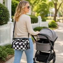 1pc Black And White Checkerboard Baby Stroller Storage Bag, Multi-Functional Diaper Organizer With Insulated Cup Holder, Portable Design, Detachable Phone Pouch And Shoulder Strap - Multicolor - View 4