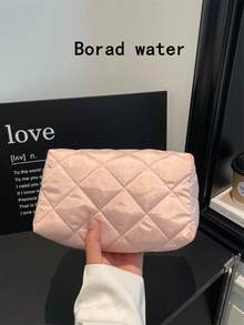 Fashionable Multi-Purpose Quilted Embroidered Grid Padded Makeup Bag, Student Pencil Case, Diamond Quilted Pattern, Solid Color Design, Casual Handbag, Warm Down-Filled Small Bag - Pink - View 2