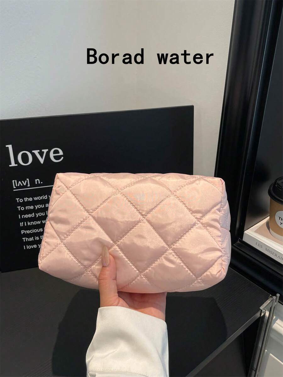 Fashionable Multi-Purpose Quilted Embroidered Grid Padded Makeup Bag, Student Pencil Case, Diamond Quilted Pattern, Solid Color Design, Casual Handbag, Warm Down-Filled Small Bag