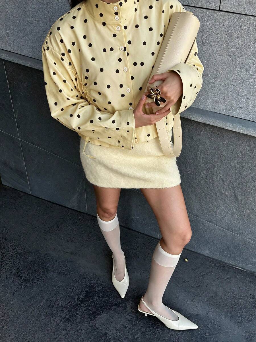 Autumn/Winter Polka Dot Stand Collar Drawstring Loose Jacket, Urban Casual Style, Versatile Yellow Top For Dating And Travel - Multicolor - View 1