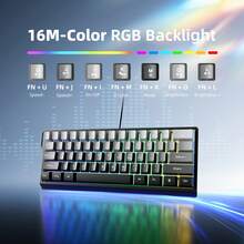 Teclado con cable 60% transparente, sin teclado numérico, con teclas contorneadas, teclado mini para juegos de 61 teclas, equipado con efecto de retroiluminación RGB genuino, cable de datos TYPE-C desmontable, adecuado para jugadores de PC, mecanógrafos, fácil de transportar - Gris - Ver 4