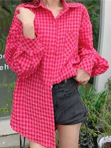 YUXIN Women's Loose Plaid Shirt, Turn-Down Collar Button Front, Single Side Pocket, Multiple Colors Available Red - Red - View 3