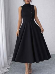 Elegant Sleeveless High Neck Midi Dress For Women, Side Button Detail, Chic Casual And Party Tailored Dress - 黑色的 - 查看 8