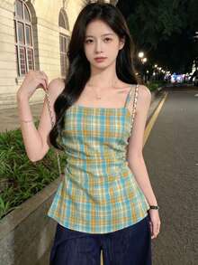 YUXIN Vintage Style Color Block Plaid Sleeveless Tank Top For Women, Design Element With Ruched Waist Flattering Back Detail, Summer - Blue - View 2