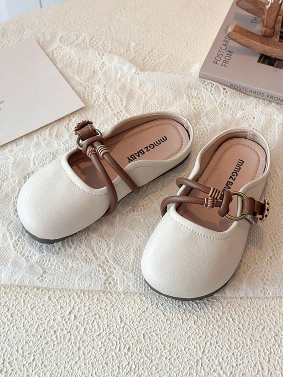 Sepatu Selop Mary Jane Anak-Anak dengan Tali Pita Ganda Bergaya Retro - Krem - View 1