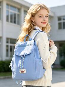 1 pieza Mochila de estudiante con colgante de peluche de unicolor y cordón, gran capacidad, mochila ligera para uso diario en el campus, accesorio de moda, adecuada para niñas/adolescentes/estudiantes, aplicable para escuela, trabajo, uso diario, viajes - Multicolor - Ver 9