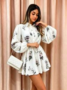SuofeiMan Muslin White Base Ink Wash Floral Print Elegant Shirt Dress ...
