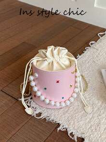 Pearl Beaded Colorful Rhinestone Metal Star Decor Ruched Texture Detachable Metal Chain Portable Drawstring Bucket Bag For Women, Sweet Round Cylinder Handbag For Travel, Shopping, Dating, Exquisite Niche Crossbody Shoulder Bag, Fresh Versatile - Pink - View 8
