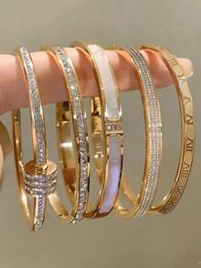 1pc/5pcs New Stainless Steel Waterproof Non-Fading Multi-Style Design (Roman Numerals, Single Row Rhinestone, Inlaid Rhinestone, Etc.) Versatile Commuter Luxury Accessory, Layering Essential, Hypoallergenic, Niche Design, Holiday Gift - Gold - View 1