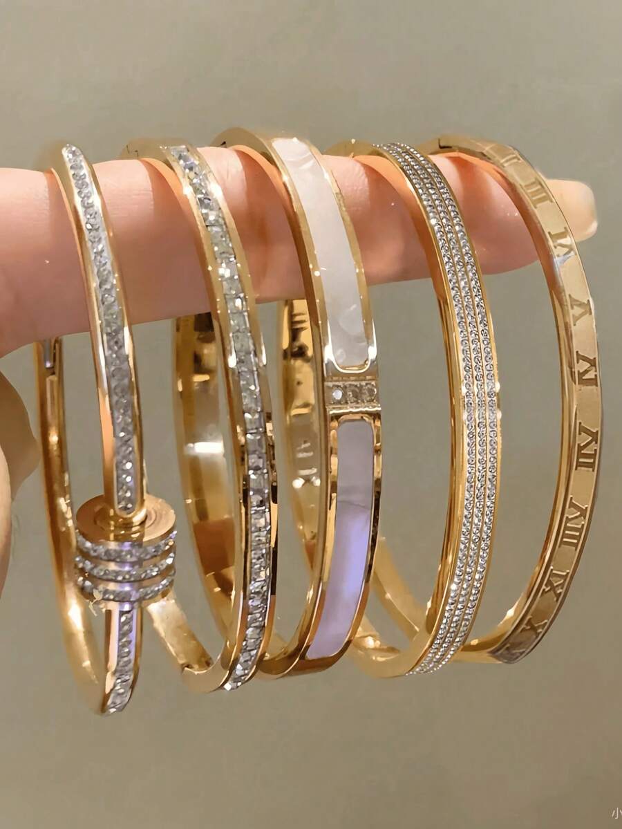 1pc/5pcs New Stainless Steel Waterproof Non-Fading Multi-Style Design (Roman Numerals, Single Row Rhinestone, Inlaid Rhinestone, Etc.) Versatile Commuter Luxury Accessory, Layering Essential, Hypoallergenic, Niche Design, Holiday Gift - Gold - View 1