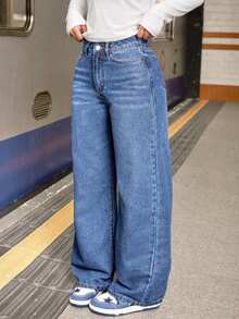 Teen Girls' Navy Blue Casual Cat Whisker Straight Leg Jeans - Medium Wash - View 4