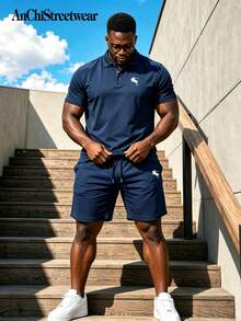 2pcs/Set Plus Size Men's Fashion Casual Knight Pattern Short Sleeve Polo Shirt And Shorts Set, Suitable For Vacation, Outdoor, Street, Daily Wear - Navy Blue - View 1