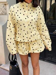 Autumn/Winter Polka Dot Stand Collar Drawstring Loose Jacket, Urban Casual Style, Versatile Yellow Top For Dating And Travel - Multicolor - View 6