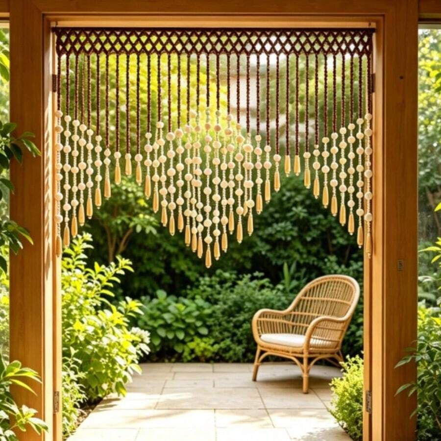 38 Strands Wooden Beaded Curtain, 90*50cm ,Wave Shape Partition Bead Door Curtain For Entrance Bedroom Home Decor - 90 X 50 cm - View 1