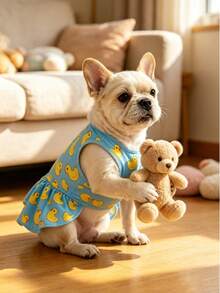 1pc Breathable Little Yellow Duck Print Pet Dog Tank Top Slip-On Dress, Elastic Ruffle Hem Small Dog Maltese Summer Beach Dress, Summer Breathable Sleeveless Casual Cute Sport Vacation Dress - Baby Blue - View 11