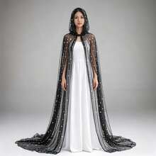 Capa con capucha de tul semitransparente con patrón de estrellas y luna en tono oscuro, estilo vestido de novia con cola larga, capa de cosplay de bruja de Halloween a juego para actuación en escenario - Capa larga de cielo estrellado - Ver 5