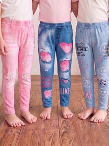 3pcs Young Girl Denim Print Slim Fit Pants Set - Pink - View 1