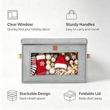 1pc Foldable Christmas Storage Box With Transparent Front Window, Stackable Fabric Holiday Decor Organizer Bin With Sturdy Leather Handles And Dust Cover, Suitable For Christmas Stockings, Ornaments, Ribbons And Holiday Supplies - Multicolor - View 7