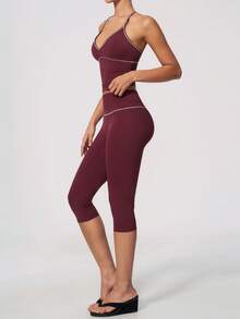 NcmRyu Women's One Set Contrast Color White Line Spaghetti Strap V-Neck Y-Back Tank Top And Hip-Lifting Mid-Length Shorts Sports Set - Red - View 8