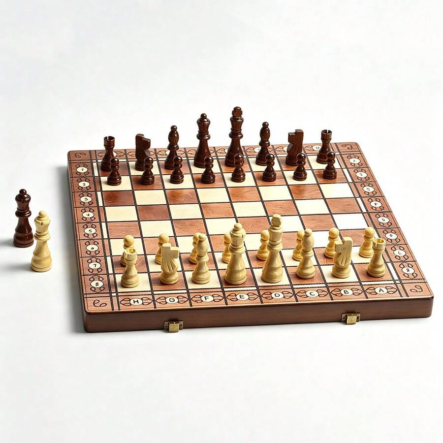 1 Set Wooden Chess Set International Board Vintage Carved Pieces 15inch Retro Vintage Chessboard With Coordinates, Portable Travel Strategy Game Gift For Adults - Multicolor - View 1