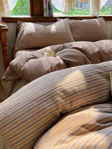 中性藍色條紋被套組，摩卡棕色被套，包含 1*被套 + 2*枕套，極簡鄉村風中性床上用品，適用於臥室、宿舍、公寓，被套與枕套不含填充物，可機洗 - 棕色 - 查看 7