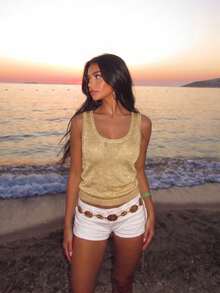Women's Casual Cute Y2K Sexy Shiny Sequin Knit Tank Top Round Neck Spaghetti Strap Camisole Spaghetti Strap Top Summer Outfit - Gold - View 9