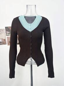 Autumn New Style 2 In 1 Contrast Color Long Sleeve T-Shirt Women's Slimming Waist Knit Top, Versatile Outerwear, Tops, Autumn, Halloween - Brown - View 7
