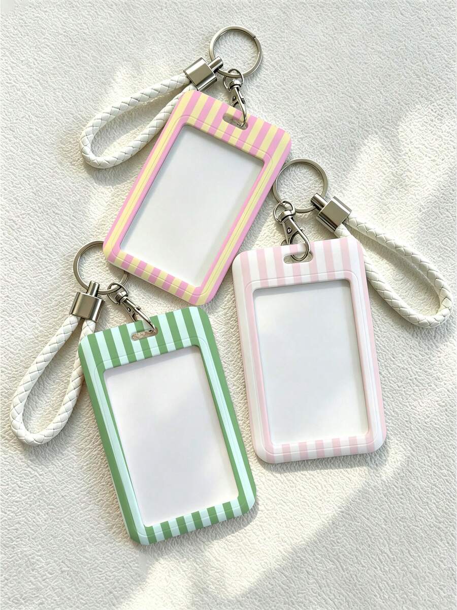 New Minimalist Striped Pattern (Random Print Distribution) Card Holder (Card Holder + Keychain), Suitable For Student ID, Meal Card, Bus/Metro Card And Access Card, With Bag Hanging, Keychain, Wallet And Bank/Credit Card Storage Functions, Equipped With Sliding Cover Design And Lanyard, Made Of Durable Plastic Material, Sturdy And Long-Lasting, Effectively Protects Work ID, Essential For Holiday Travel And University Life - Multicolor - View 1