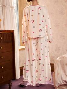 Gongdie Disney Women's Cute Cartoon Print Button-Up Top And Loose Wide Leg Frill Trim Pajama Pants Set - Beige - View 6