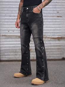 1pc Men's Stretch Denim Jeans, Zipper And Beaded Design, Street Style, Solid Color Versatile, Suitable For Daily Wear - Black - View 1