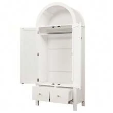 Wardrobe 181x78x45 Cm With Rattan Weave, Country Style In Oak Finish, Open Semi-Circular Shelf, 2 Doors With Magnetic Closure, 2 Drawers, Clothes Rail And Tip-Over Protection - 白色 - 查看 9