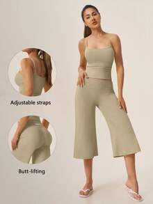 TimeOff Conjunto deportivo de mujer de un solo color con tirantes ajustables, camiseta de tirantes y pantalones anchos de largo medio - Caqui - Ver 1