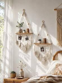 1 pieza/2 piezas Estantería colgante de pared tejida a mano con diseño de hoja, estante flotante de almacenamiento de madera estilo bohemio, adecuado para baño, dormitorio, sala de estar, clips no incluidos - Multicolor - Ver 4