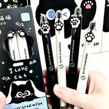 4pcs Funny Black & White Cat Paw Clickable Neutral Pens, INS Style Cute Cat 0.5mm Black Ink Pens, Student Exam Pens, Office Signal, First Day Of School - Black - View 11