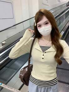 韓式修身對比色條紋拼接鈕扣設計女款內搭T恤上衣 - 杏色 - 查看 5