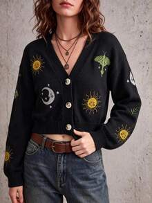 女款休閒波希米亞風刺繡黑色針織開襟衫，V領長袖前扣式開襟衫，適合秋冬穿著 - 黑色 - 查看 3
