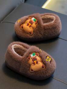 1 Pair Kids Fuzzy Slippers PVC Sole Warm Winter Boys Girls Capybara Design Cute Closed-Back Baby Plush House Shoes - Coffee Brown - View 6