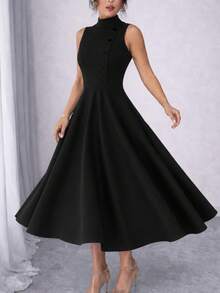 Elegant Sleeveless High Neck Midi Dress For Women, Side Button Detail, Chic Casual And Party Tailored Dress - 黑色的 - 查看 2
