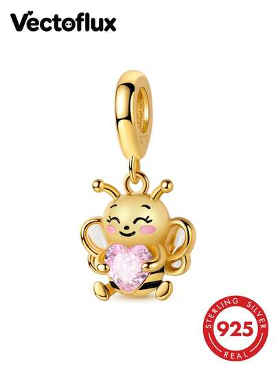 Vectoflux 1pc French Luxury Style S925 Sterling Silver Gold Plated Hypoallergenic Bee Pendant, Suitable For 3mm Original Bracelet, Women's DIY Jewelry Making, Birthday Gift