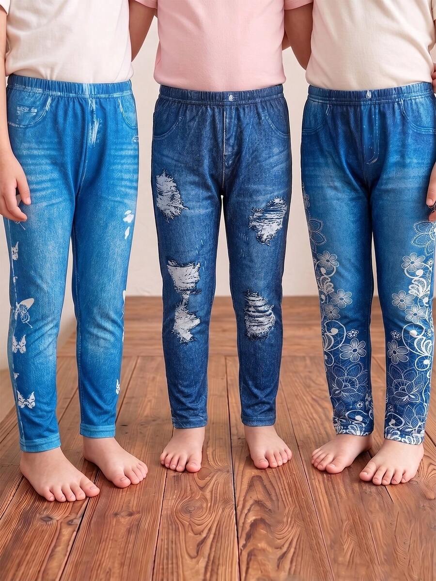 Conjunto de 3 piezas de pantalones ajustados con estampado de mezclilla para niña - Azul - Ver 1