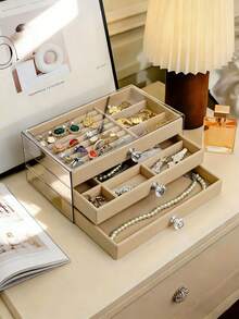 1pc Luxury Multi-Layer Acrylic Jewelry Organizer Box, Dust-Proof Transparent Lid With Compartments, Home Vanity Earring Ring Necklace Accessory Storage - Multicolor - View 13