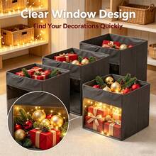 1pc Square Foldable Christmas Storage Cube Bin With Clear Front Visible Window Fabric Holiday Organizer Basket For Xmas Ornaments Ribbons Baking Supplies Party Props Kids Toys Books Media Discs - Multicolor - View 2