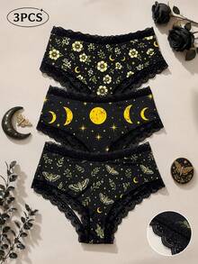 3PCS Women's Briefs, Vintage Floral Moon & Star Print Dark Gothic Lace Patchwork Mid-Waist Panty Set - Multicolor - View 1
