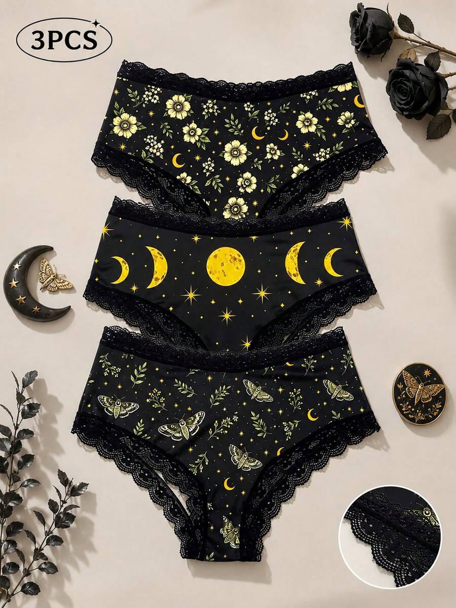 3PCS Women's Briefs, Vintage Floral Moon & Star Print Dark Gothic Lace Patchwork Mid-Waist Panty Set - Multicolor - View 1
