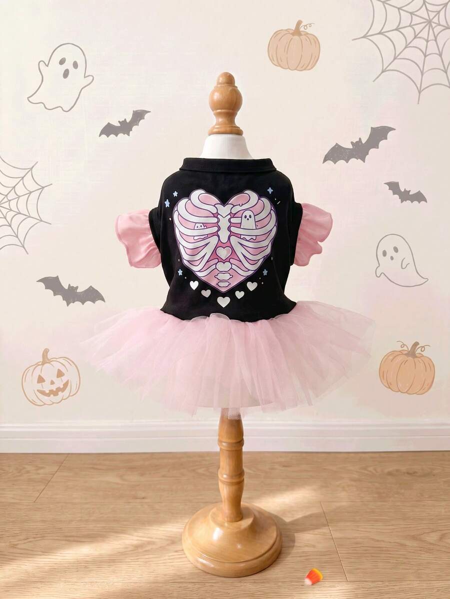 LUCKIE LABO 1pc Halloween Heart Skeleton Cap Sleeve Funny Pattern Pet Tutu, Physical Flea Prevention, Reduces Shedding, Heat Insulation & Breathable, Suitable For Small And Large Dogs And Cats, Indoor And Outdoor - Multicolor - View 1