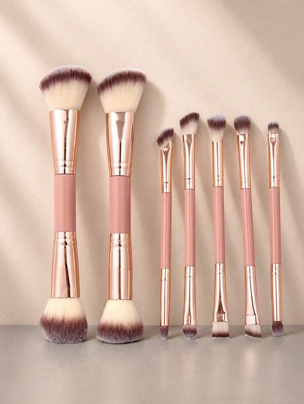 7pcs Dual-Ended Makeup Brush Set, Professional Soft Fluffy Foundation Blush Eyeshadow Brushes, 4 Colors Available: Black, Pink, Coffee, Rose Gold, Portable Daily Makeup Brushes