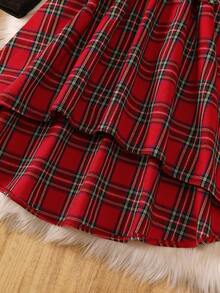 Purechapter Tween Girls European And American Style Cold Shoulder Elegant Plaid Asymmetric Hem Dress, Spring/Autumn New Arrival, Suitable For Daily Casual Outdoor Holiday Wear - Red and Black - View 6