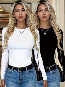 Women's Solid Color Round Neck Casual Daily Long Sleeve T-Shirt - Black and White - View 1