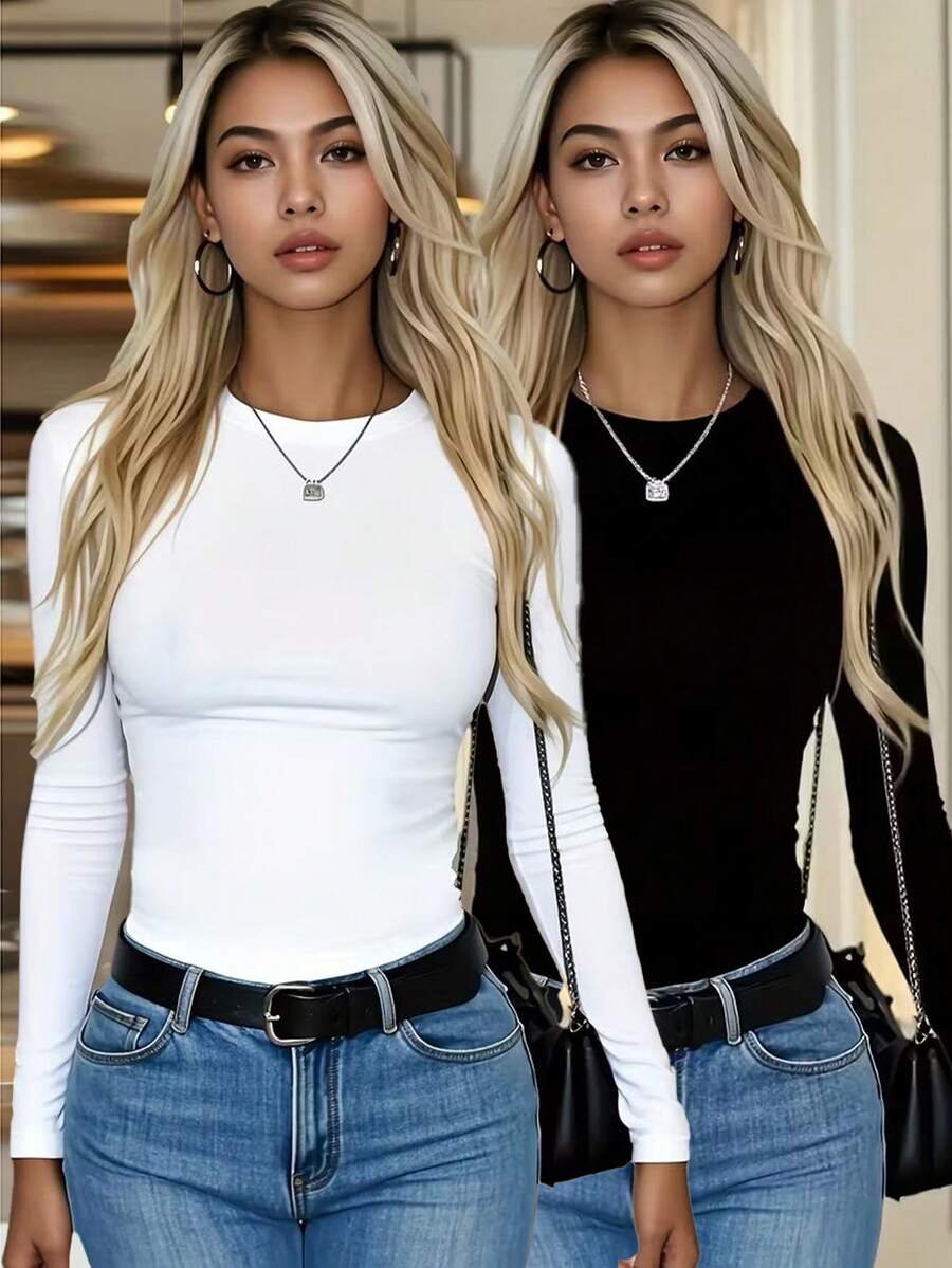 Women's Solid Color Round Neck Casual Daily Long Sleeve T-Shirt - Black and White - View 1