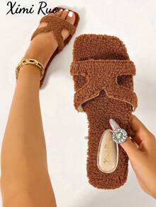 Ximi Ruo Women's Solid Color Flat Fuzzy Fur Slippers Casual Holiday Beach Home Indoor Outdoor Wear Autumn Winter Warm Slippers Simple Fashion Fuzzy Slippers Slouchy Slip-On Women's Shoes Soft Fur Lining Daily Commute Outfit Indoor Home Outdoor Street Wear Versatile Soft Lightweight Women's Slippers Autumn Winter Warm Gentle Style Women's Slippers Comfortable Flat Casual Travel Outfit Shoes Slouchy Home Outdoor Wear Dual-Use Fleece Slippers - Brown - View 7